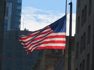 An American flag is prominently displayed, billowing in the wind against the backdrop of urban buildings. The flag's red, white, and blue colors are vibrant, and the sky is partially cloudy.