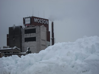 A large industrial building with a prominent chimney emitting smoke is located behind a massive accumulation of snow. The building features the word 'MOLSON' in large letters on an upper section, and additional text on a smaller sign. The sky is overcast, creating a subdued and cold atmosphere.