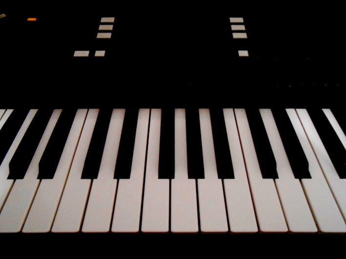 A vibrant image of a piano keyboard with sheet music.