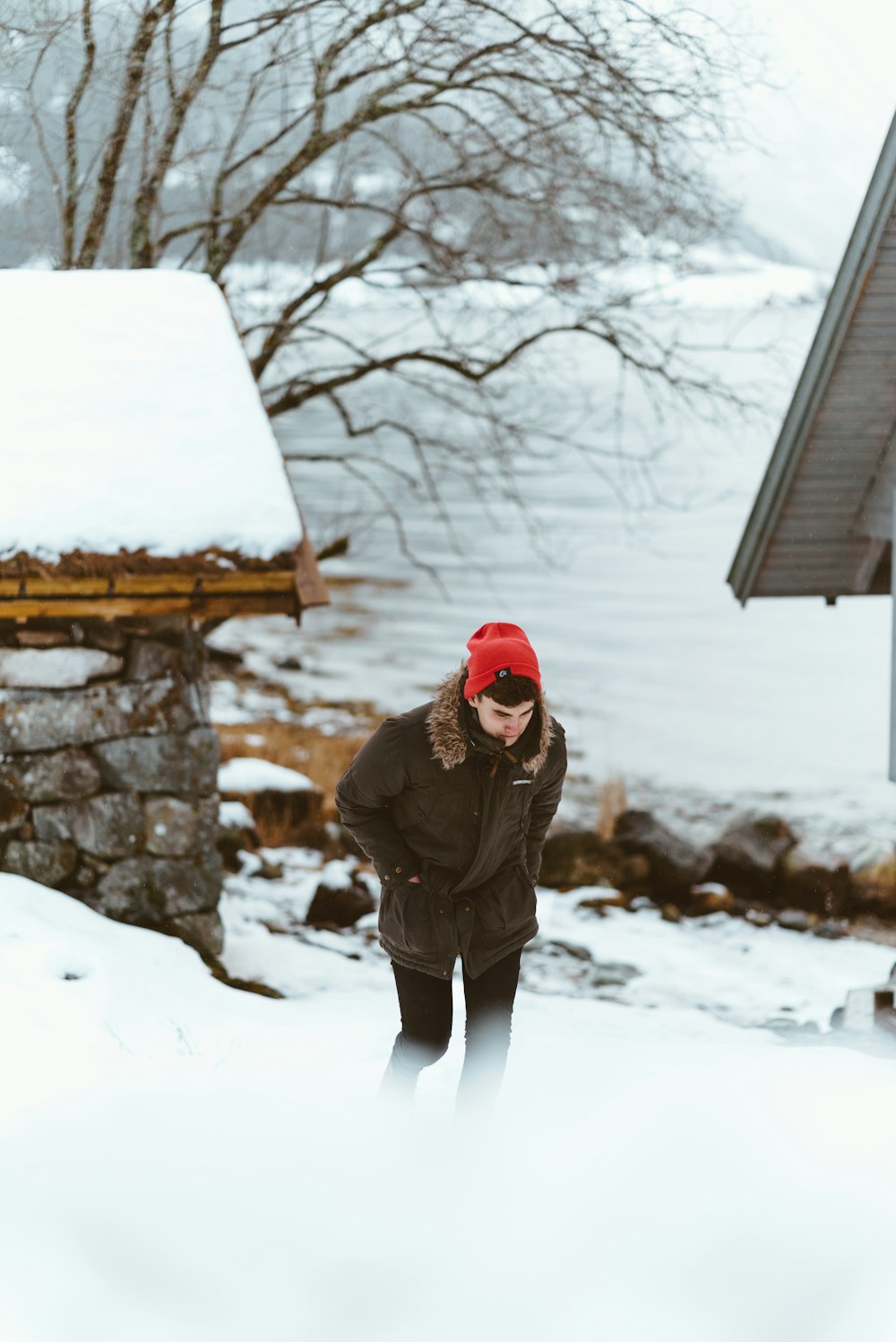 man walking on snow covered land