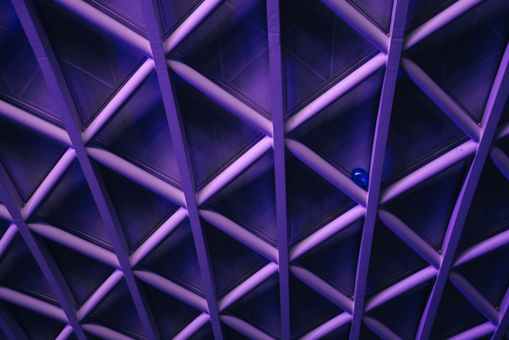 Un plafond violet avec un motif entrecroisé ; Un ballon bleu est coincé dans le coin de l’une des barres transversales
