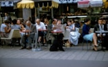 A lively outdoor café scene featuring people seated at tables, engaging in conversation and enjoying their time. Some individuals are reading newspapers while others are having drinks. A black poodle is sitting on the ground among the patrons. The background shows a counter with pastries and the café is covered with colorful canopies providing shade.