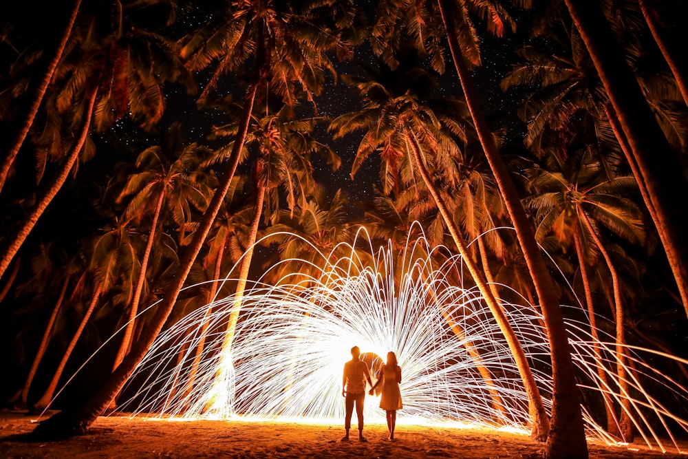 Photo of couple holding hands under palm trees