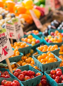 red tomato lot on blue baskets