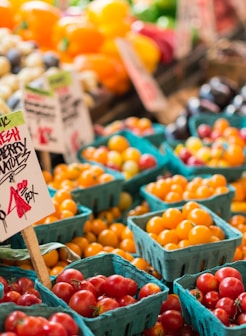 red tomato lot on blue baskets