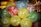 Eleven colorful balloons with intricate white designs and patterns are clustered together. The balloons include red, yellow, blue, and green colors, adorned with floral, animal, and abstract patterns. A warm, ambient light in the background suggests a festive atmosphere, possibly taken during an evening celebration or event.