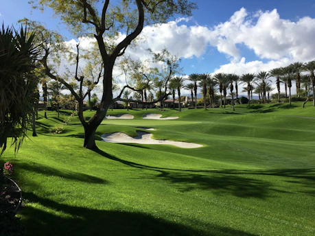 A well-maintained golf course features lush green fairways, surrounded by tall, swaying palm trees under a bright blue sky with fluffy white clouds. Sand bunkers are strategically placed on the rolling terrain, adding contrast to the vibrant green grass.