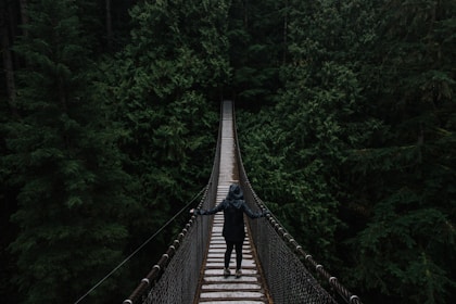 person in black hoodie on wooden bridge surrounded by green leafed trees