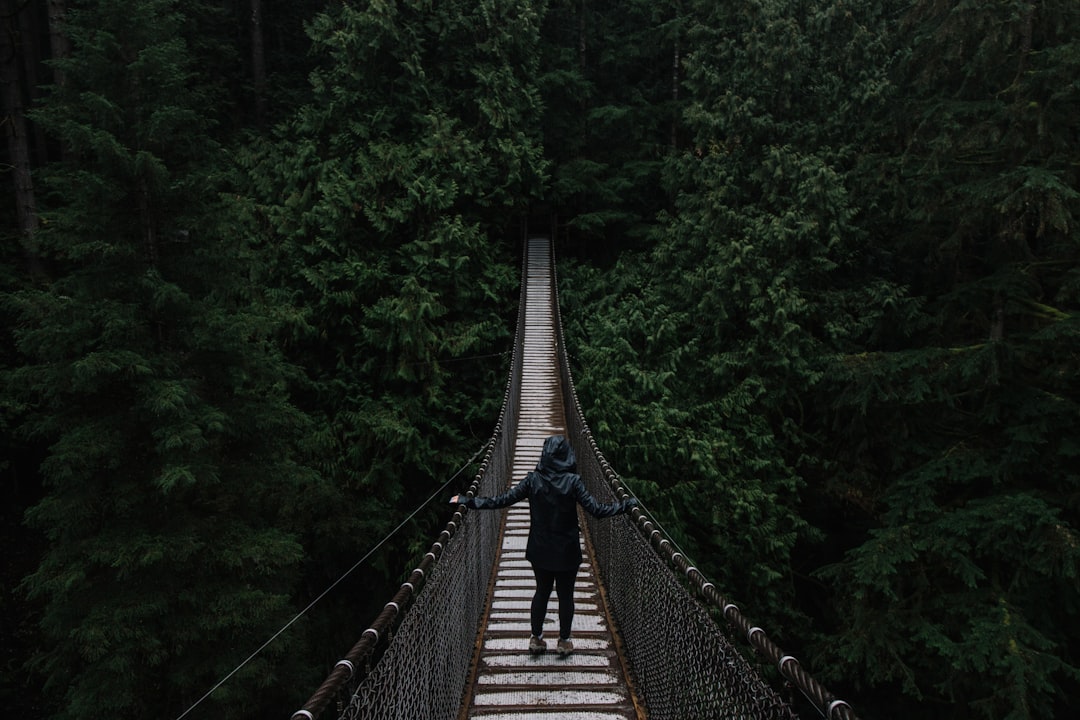 person in black hoodie on wooden bridge surrounded by green leafed trees