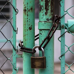 green metal gate with brown metal padlock
