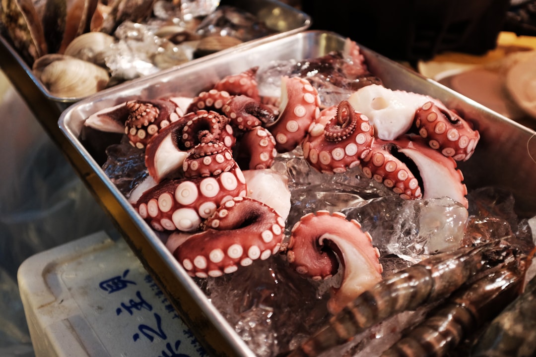 octopus on gray tray, Seafood Market in Japan