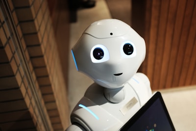 Friendly AI assistant gazing upward