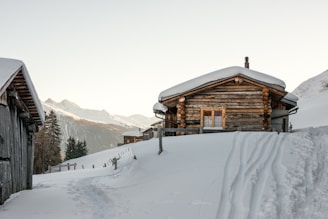A wooden cabin sits amid snow-covered surroundings, with snowy mountains in the background. The cabin has a chimney and is surrounded by deep snow. Tracks and footprints are visible in the snow, indicating recent activity. Another wooden structure is partially visible to the left.