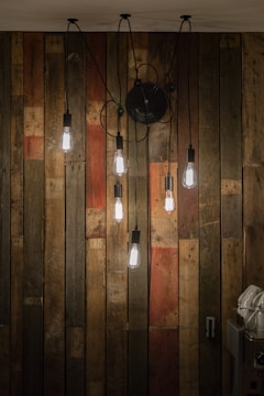 A stylish cord set displayed on a wooden rack with soft lighting.
