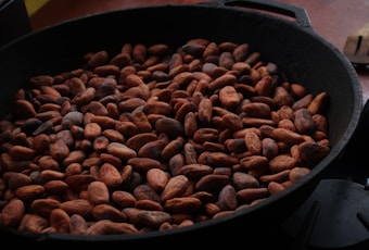 A large cast iron pan filled with brown cacao beans, showcasing a variety of textures and sizes. The pan is partially visible, set against a blurred background.