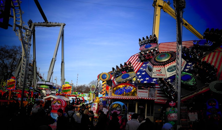 A lively carnival scene with colorful tents, children playing games, and joyful families enjoying a sunny day outdoors.
