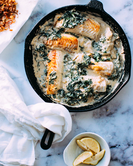 Pan-seared salmon fillet with golden crispy skin in a cast iron skillet