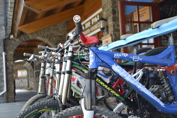 A row of mountain bikes with custom decals and unique paint jobs lined up outside the shop.