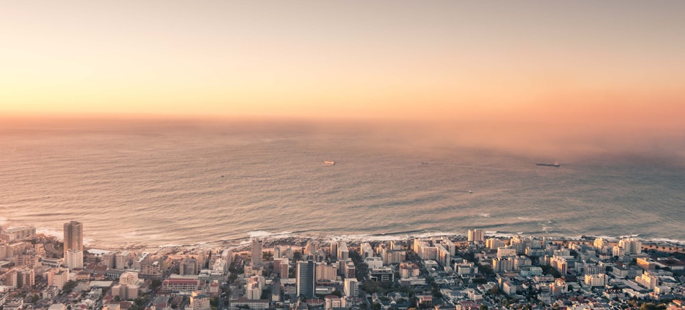 aerial photography of concrete buildings near beach during daytime