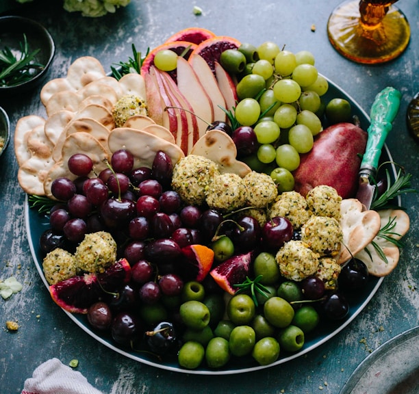 assorted fruits on silver round plate