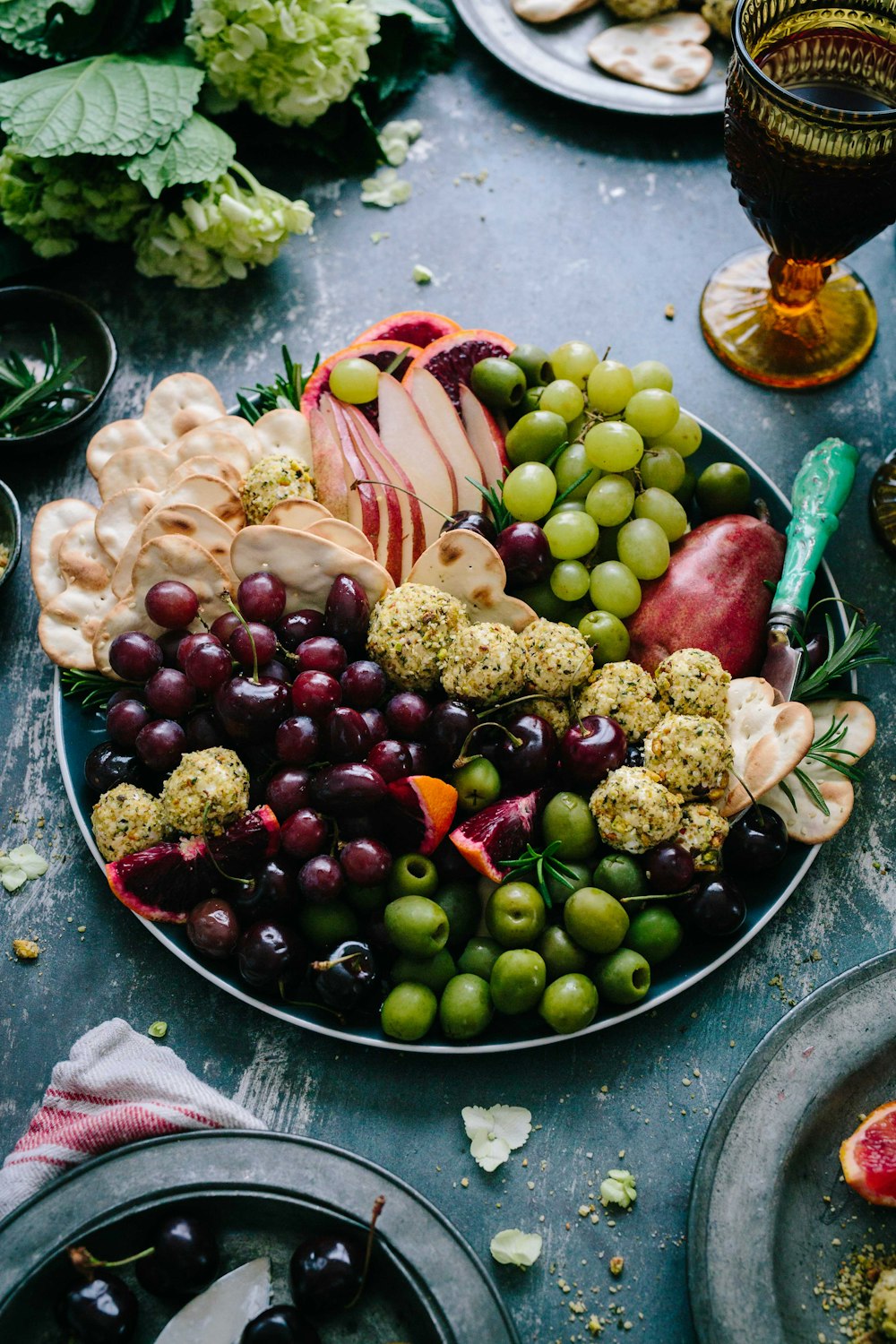 assorted fruits on silver round plate