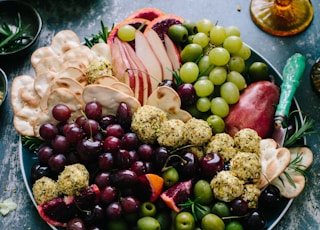 assorted fruits on silver round plate