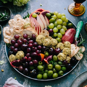 assorted fruits on silver round plate