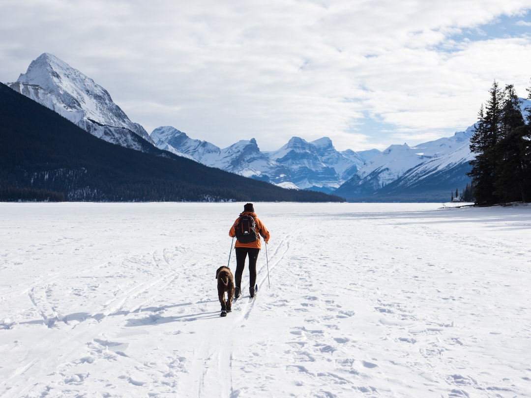 This was taken 2017, when Maligne Lake is frozen and travel on the lake is possible. An activity when winter hits Jasper, Alberta. Explore Jasper.