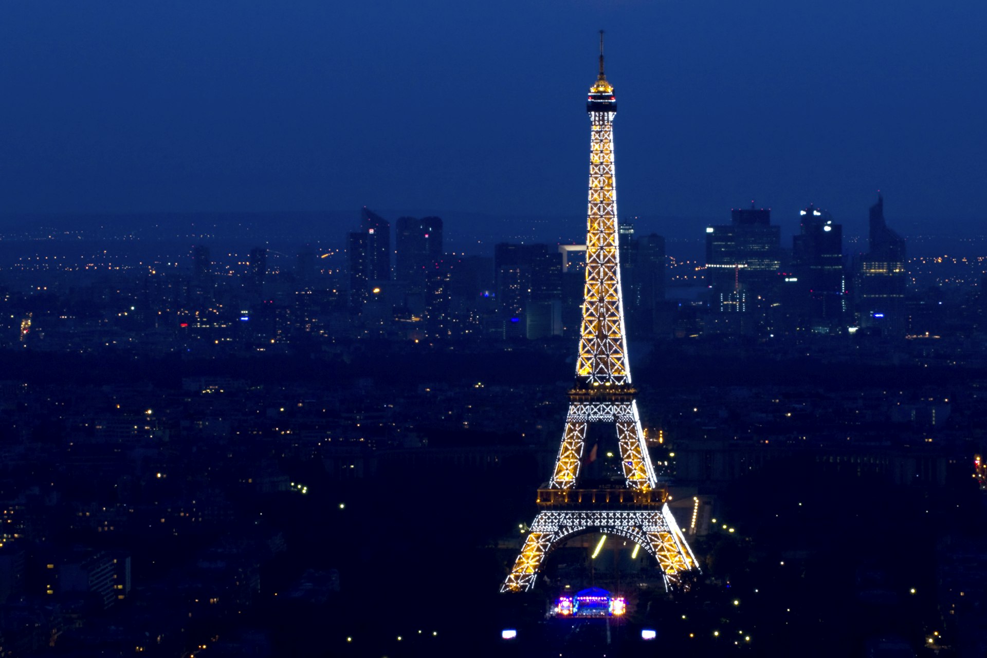 Rooftop view of Eiffel Tower at night