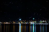 Twinkling city lights reflecting on the calm waters of Istanbul at dusk.