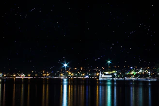 Nighttime cruise scene with twinkling lights reflecting on the water and a starry sky above.