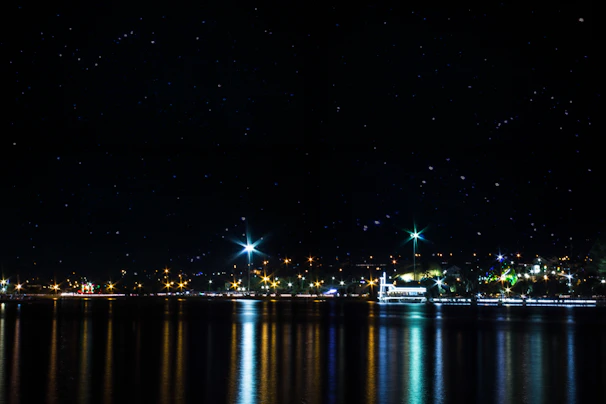 Nighttime cruise scene with twinkling lights reflecting on the water and a starry sky above.