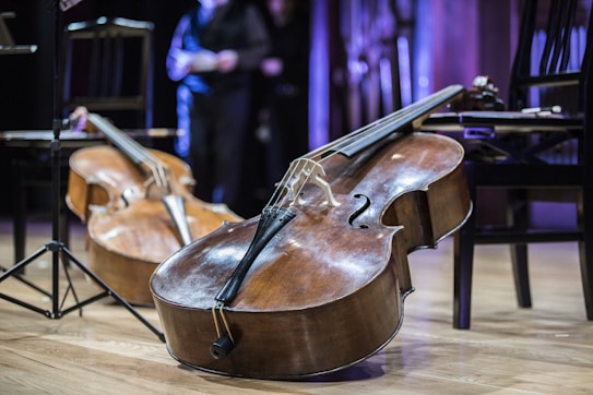 Two cellos are laying on their sides on a wooden stage, surrounded by chairs and a music stand. The setting appears to be a rehearsal or performance space with people faintly visible in the background, creating a concert-like ambiance.