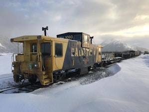 A yellow and blue train with a caboose marked 'Alaska' is situated on snow-covered tracks. In the background, there are mountains partially shrouded in mist, and the sky is cloudy with a soft, warm light suggesting early morning or late afternoon.