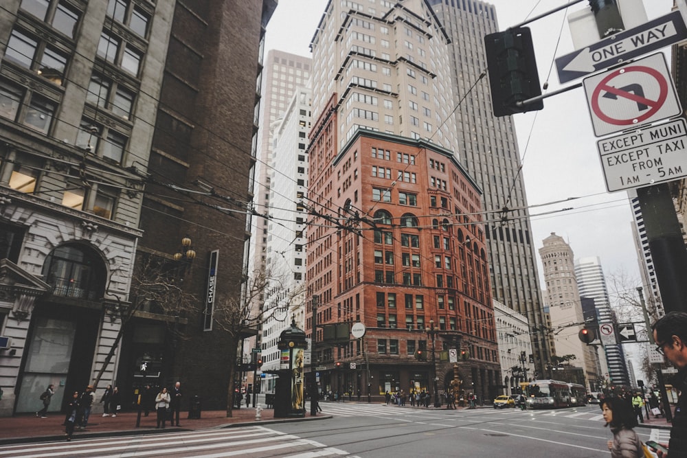 city buildings under white sky