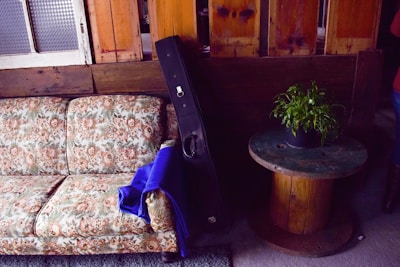 A vintage floral-patterned sofa is positioned against a wooden wall. A guitar case leans upright beside the sofa. Draped over the sofa is a vibrant blue cloth. To the right, a small green plant sits atop a wooden spool table. The setting has a rustic charm with a mix of wood textures and earthy tones.