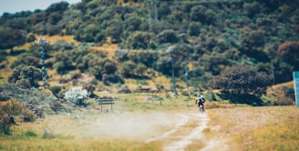 A motorcyclist rides along a dusty path through a green landscape with hills covered in trees and bushes. The path is surrounded by grass and scattered wildflowers, and there are some signs visible near the path. The scene appears quiet and natural, with a focus on the rural outdoor environment.