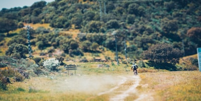 A motorcyclist rides along a dusty path through a green landscape with hills covered in trees and bushes. The path is surrounded by grass and scattered wildflowers, and there are some signs visible near the path. The scene appears quiet and natural, with a focus on the rural outdoor environment.