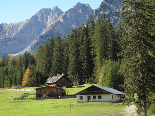 A serene landscape featuring a rustic wooden cabin and a barn nestled in a lush green meadow. Towering pine trees surround the area, and majestic mountains rise in the background under a clear blue sky.