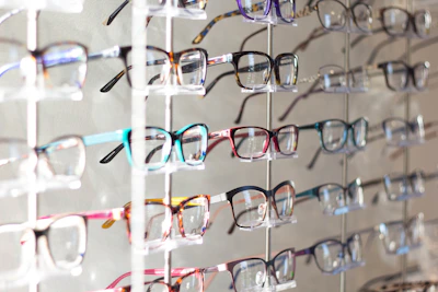A display of colorful, fashionable eyewear accessories arranged neatly