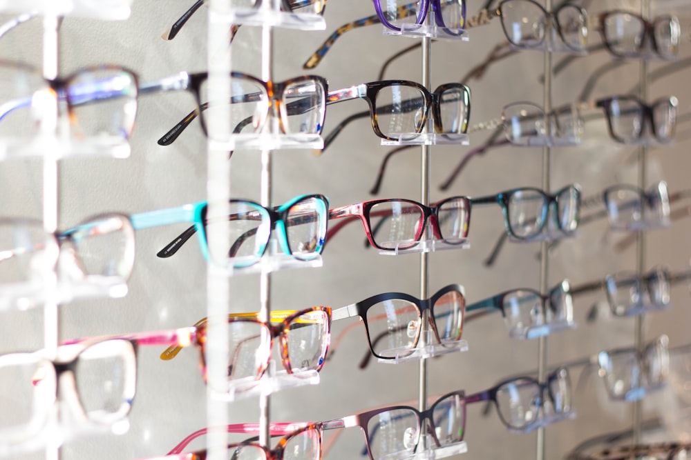 Lunettes de couleurs assorties disposées sur un porte-lunettes