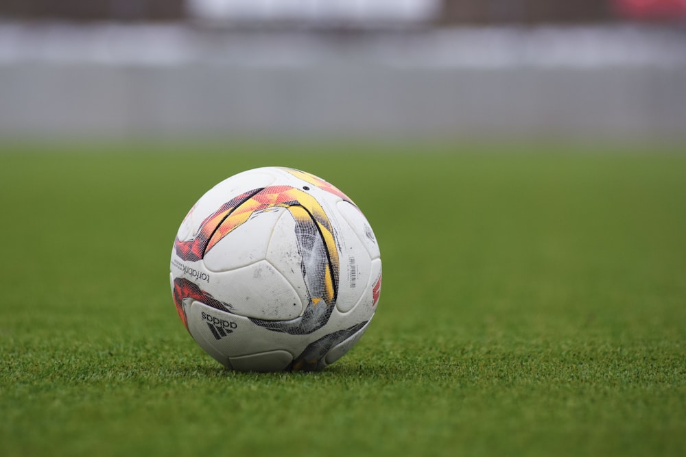 芝生の上の白と灰色のアディダスサッカーボール