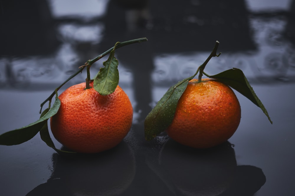 zwei runde orangefarbene Früchte