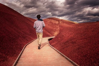 A person walks along a wooden pathway through striking red hills under a cloudy sky, creating a sense of solitude and exploration.