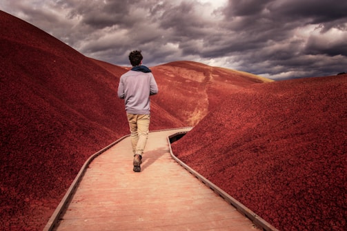 A person walks along a wooden pathway through striking red hills under a cloudy sky, creating a sense of solitude and exploration.