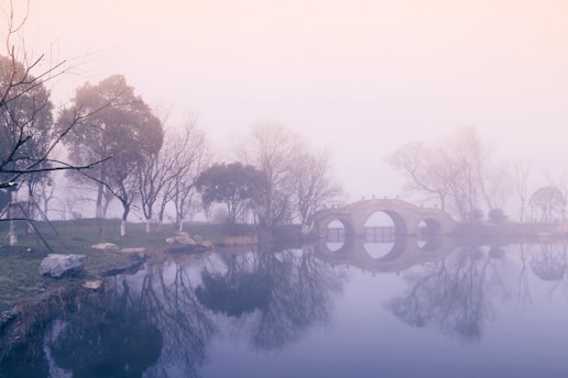 A serene landscape with a bridge over a calm river, symbolizing connection and guidance.