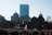 A large crowd gathers in a park area in front of a city skyline. Skyscrapers and buildings rise behind them, including a prominent glass tower. The crowd appears to be participating in a protest or rally, with several people holding signs. An American flag is prominently displayed in the foreground, and leafless trees and lamp posts can be seen throughout the scene.