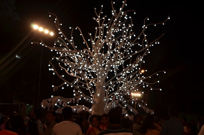 An artificial tree with lights enhancing a festive atmosphere.