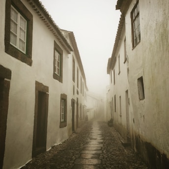 A mysterious foggy street in Santiago de Compostela at dusk, with ancient stone buildings barely visible through the mist.