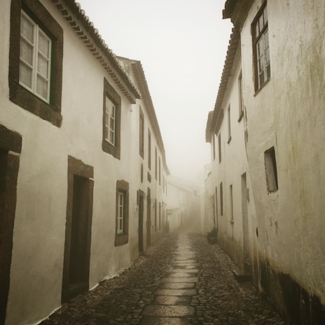 Dark, misty streets of an old city, evoking the atmosphere of 'Niebla sobre Compostela'.